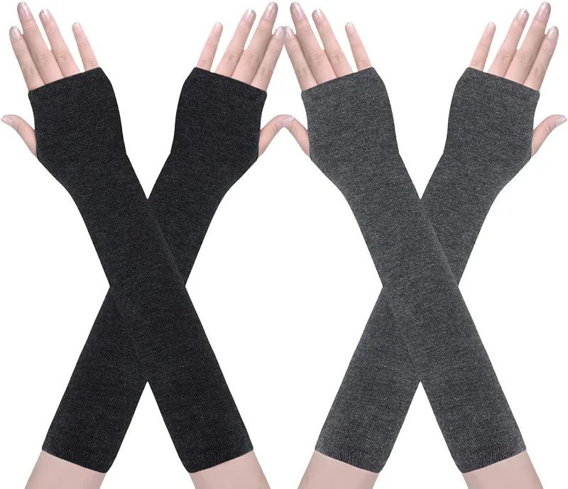 2 Pairs Women's Long Fingerless Gloves Knit Arm Warmer Thumb Hole Stretchy Gloves