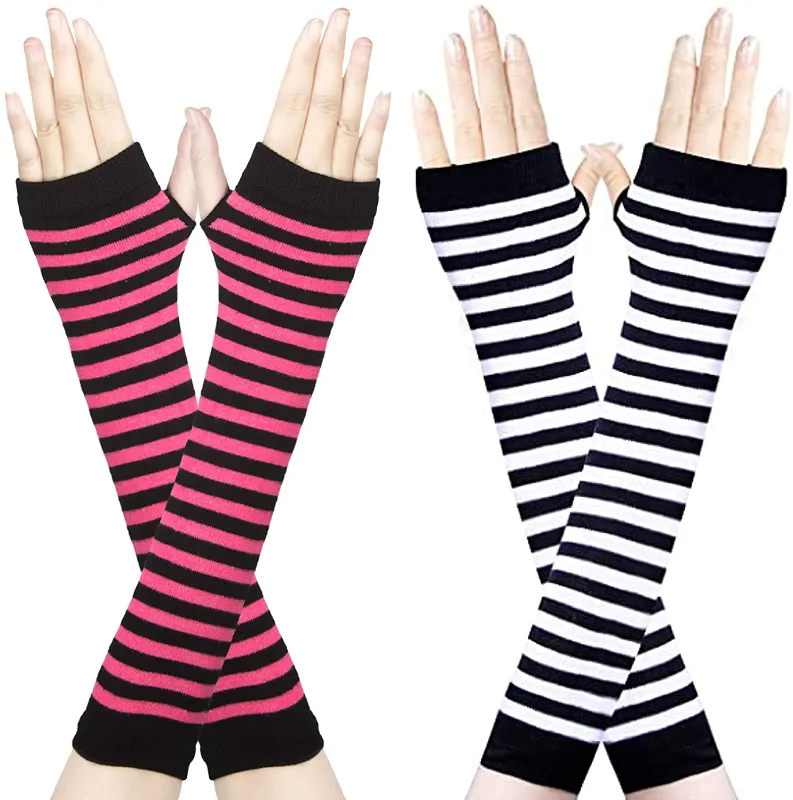 2 Pairs Women's Long Fingerless Gloves Knit Arm Warmer Thumb Hole Stretchy Gloves