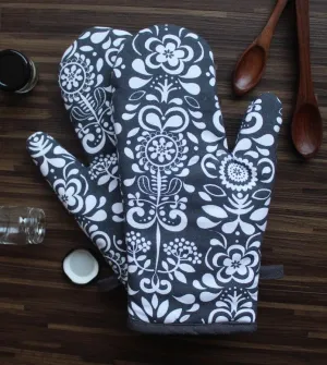 Cotton Grey Damask Oven Gloves Pack Of 2