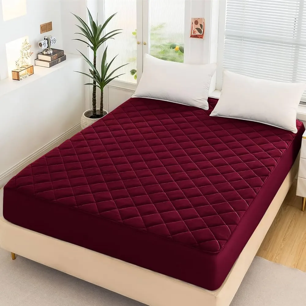 Cotton Quilted Waterproof Mattress Cover - Maroon