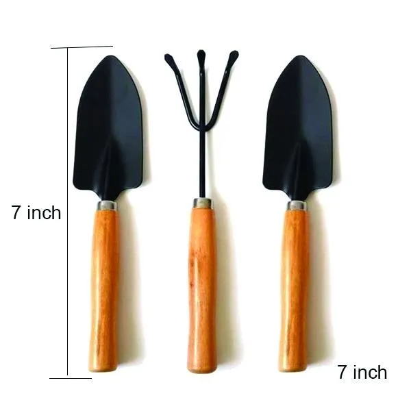 DeoDap Gardening Tools - Reusable Rubber Gloves, Flower Cutter & Garden Tool Wooden Handle (3pcs-Hand Cultivator, Small Trowel, Garden Fork)