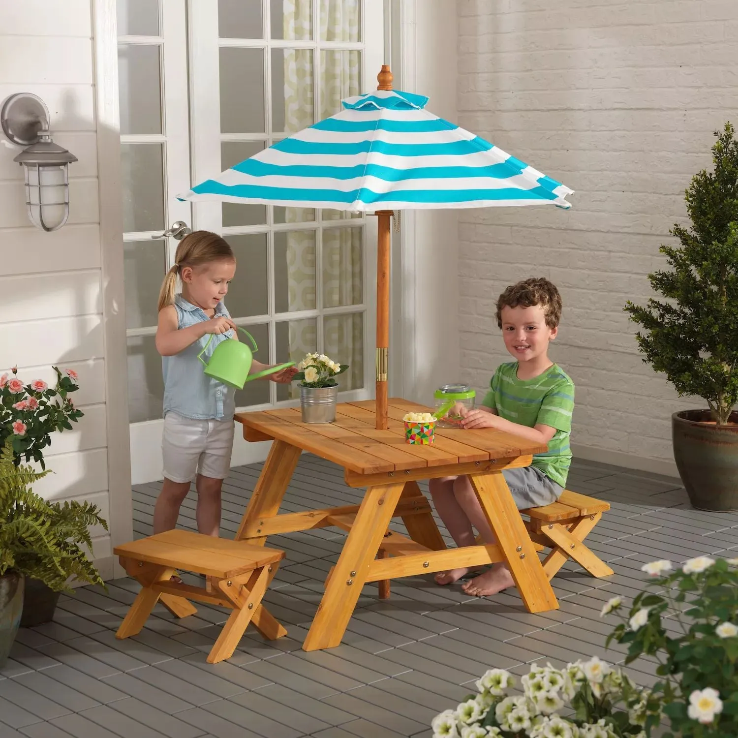 KidKraft outdoor table and bench set with umbrella - turquoise and white KidKraft