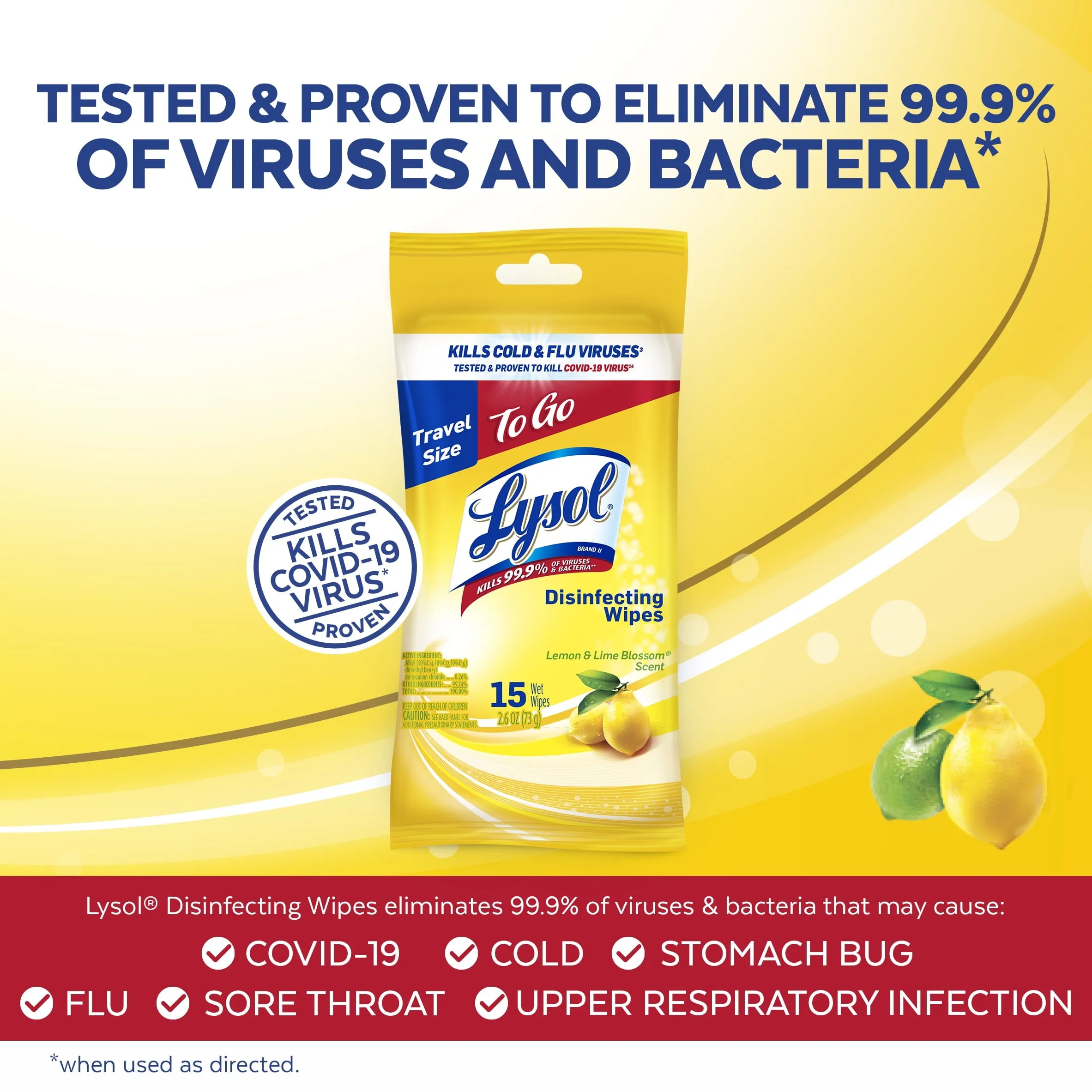 Lysol To Go Disinfectant Wipes, Travel Size Multi-Surface Antibacterial Cleaning Wipes, For On the Go Disinfecting and Cleaning, Lemon and Lime Blossom, 15ct Count