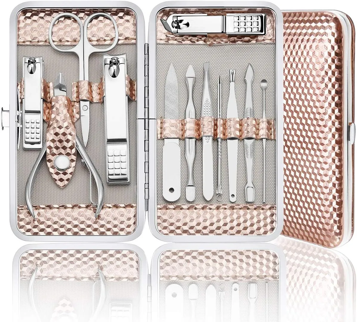 Manicure Set Professional Nail Clippers Set, 12Pcs Manicure Kit Stainless Steel Nail Kit for Women, Pedicure Set Nail Grooming Kit with Travel Case(Rose Gold)