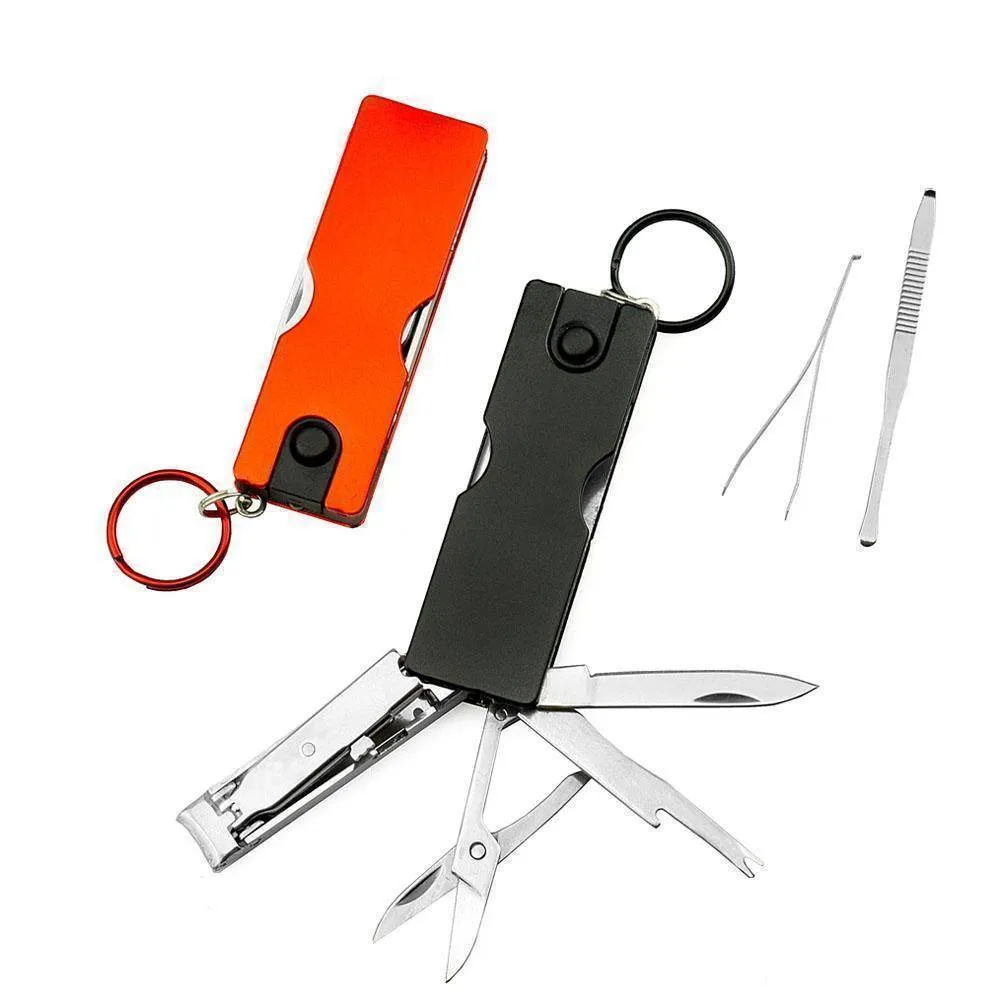 Mini Beauty Keychain Swiss Knife LED Lights Nail Clippers Earpick Scissors, Eyebrow Tweezers Pocket Multifunction Hand Tools