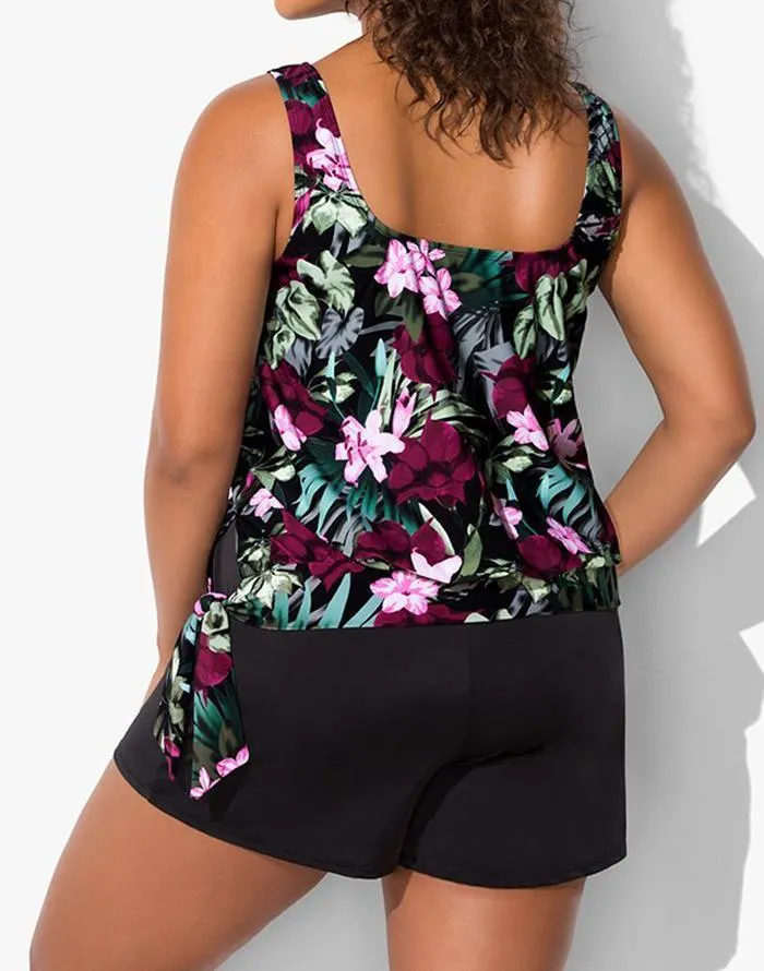 Wine Pink Flower Side Tie Blouson Tankini With Cargo Swim Short