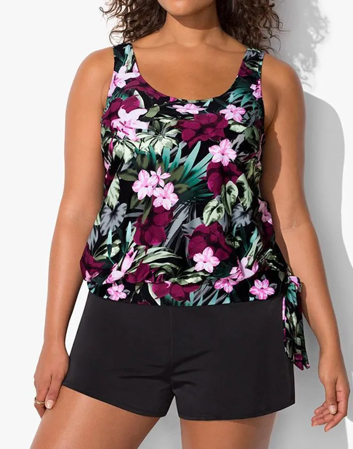 Wine Pink Flower Side Tie Blouson Tankini With Cargo Swim Short