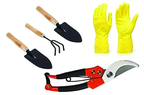 Your Brand Gardening Tools - Reusable Rubber Gloves, Pruners Scissor(Flower Cutter) & Garden Tool Wooden Handle (3pcs-Hand Cultivator, Small Trowel, Garden Fork)