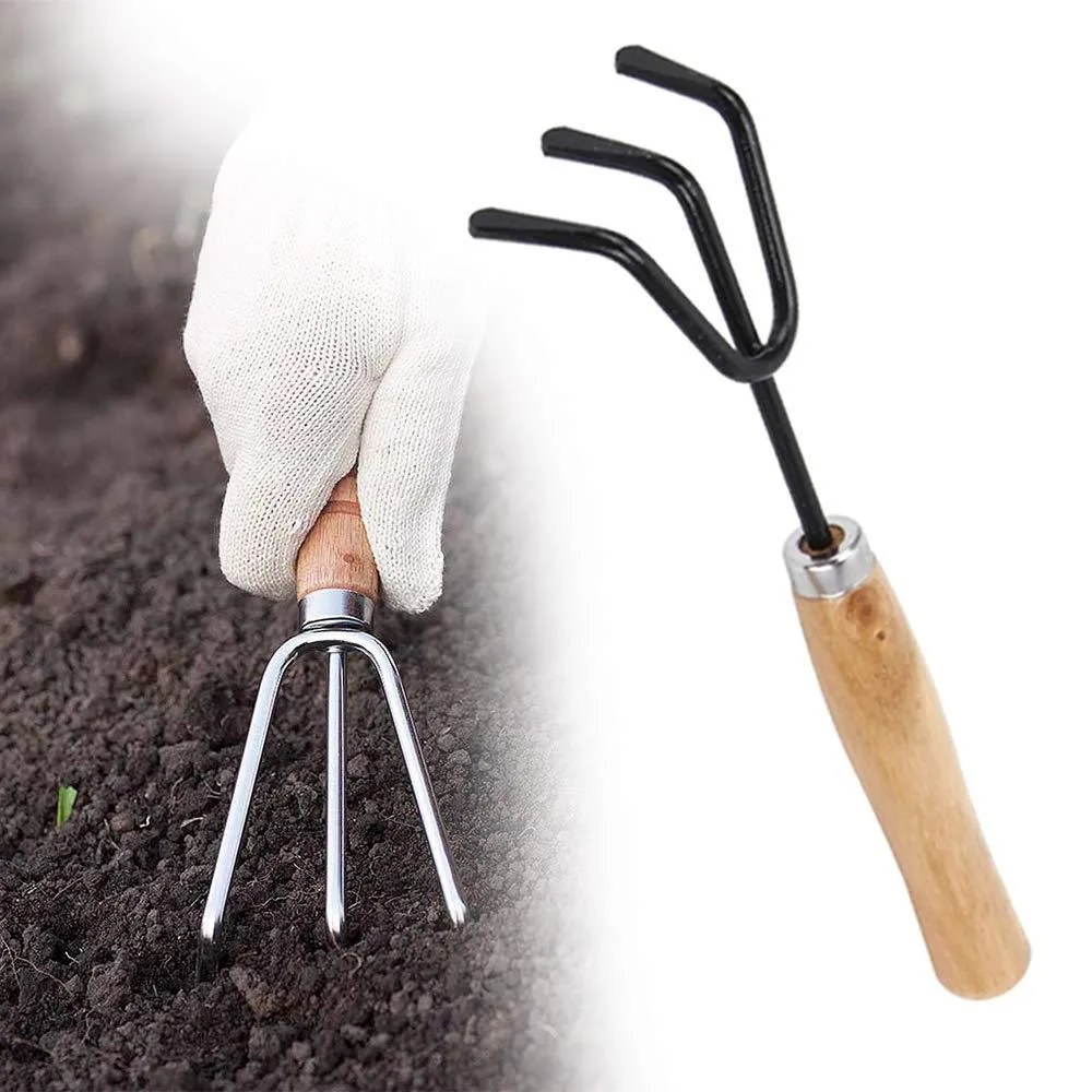 Your Brand Gardening Tools - Reusable Rubber Gloves, Pruners Scissor(Flower Cutter) & Garden Tool Wooden Handle (3pcs-Hand Cultivator, Small Trowel, Garden Fork)